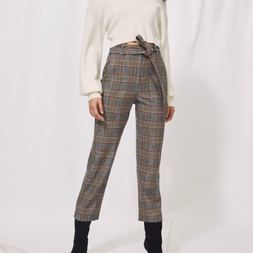 Wilfred Plaid High-Waist Tie-Belt Cropped Pants in Gray, Brown, Red